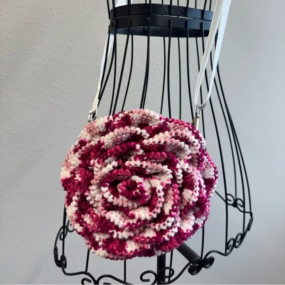 Pink & White Hand Crocheted Rose Purse